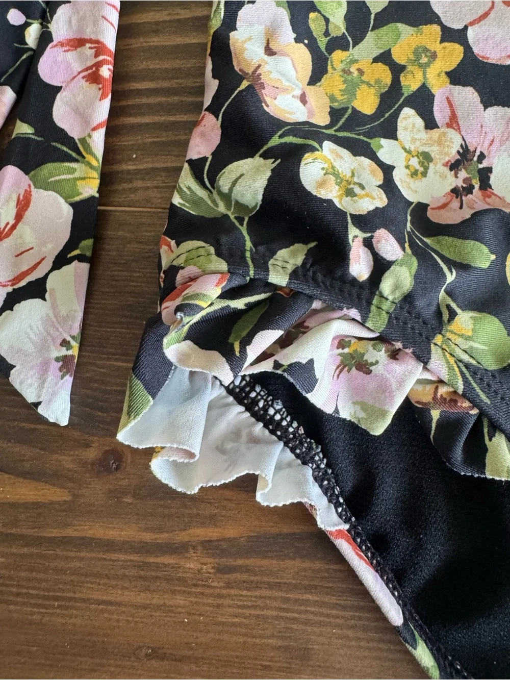 Girl’s Floral Long Sleeve One-Piece Swimsuit - Black with Pink & Cream Flowers